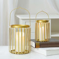 Farmhouse Lantern Decor Set of 2.Metal Candle Holders, Rustic Modern Vintage Style for Indoor Outdoor, Porch Patio Fireplace Mantle Wedding Decor (Gold,Candles not Included) by KOLNLALA