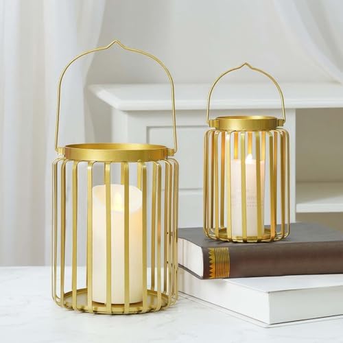 Farmhouse Lantern Decor Set of 2.Metal Candle Holders, Rustic Modern Vintage Style for Indoor Outdoor, Porch Patio Fireplace Mantle Wedding Decor (Gold,Candles not Included) by KOLNLALA