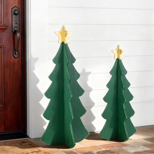 Glitzhome Set of 2 Wood Christmas Trees Porch Decor,Interlocking Xmas Porch Sign with Gold Star Toppers,Standing Porch Sign for Front Door Indoor Outdoor Holiday Decor,36" H &30" H - Image 4