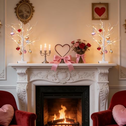 2Pack Valentines Day Decor Lighted Birch Tree with Heart-Shaped Ornaments,USB&Battery Operated Light Up Artificial Tree for Home Indoor Party Valentines Day Decorations (Warm White) - Image 2
