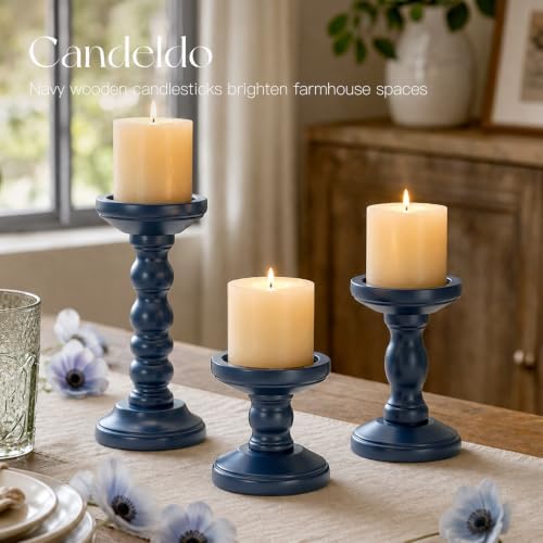 Candeldo Wood Candle Holder for Pillar, Navy Blue Coastal Decoration - Image 5