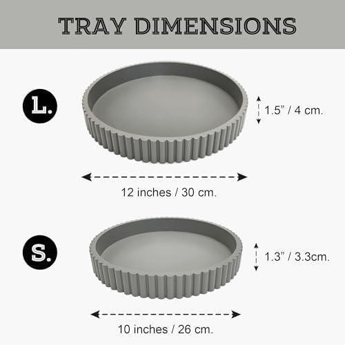 Modern Table Round Decorative Trays 2pcs Home Decor - Circle Coffee Table Centerpiece Set 12"/10" - Wooden Cool Grey Ottoman Tray with Fluted Edge - Image 2