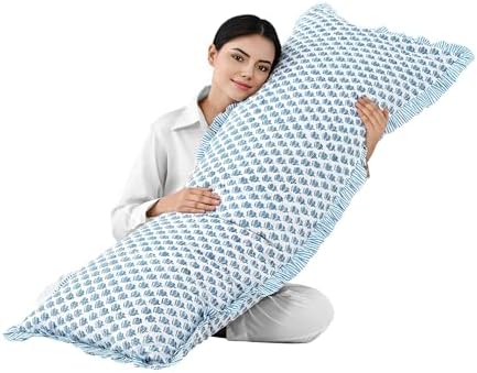 CPC Block Print Apatite Blue Ruffle Cotton Lumbar Pillow Cover 20x54 inch by COTTONPRINTCLUB