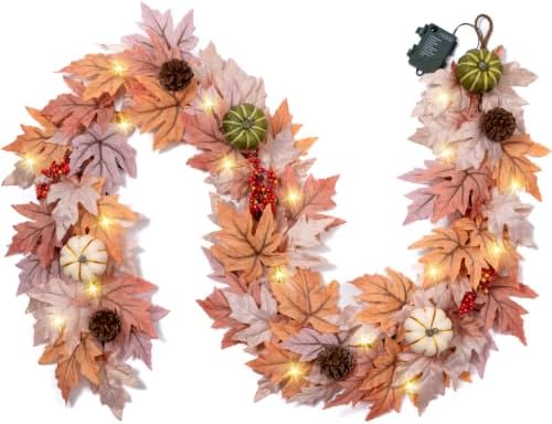 6FT Lighted Handcrafted Fall Garland, 30 LED Lights & 8-Mode Auto Timer by MISF
