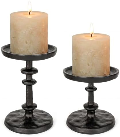 Black Cast Iron Pillar Candle Holders Set of 2 Farmhouse Candlesticks by Novyxis