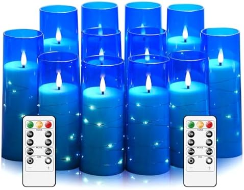 Sasigeiaa Flameless Candles with Embedded Star String - Battery Operated LED Candles, with Remote,12 Blue Flickering Candles for Christmas, Weddings, Home Decor & Party,(D 2.3"×H 5" 6" 7") by sasigeiaa