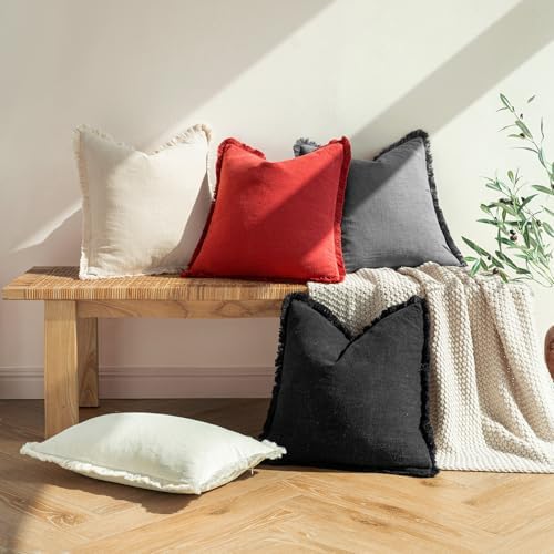 MIULEE Boho Linen Fringe Decorative Euro Throw Pillow Covers Red 24x24 - Image 6