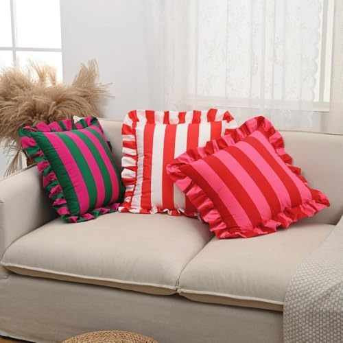 vctops Ruffle Square Throw Pillow Covers Boho Pink and Red Striped Decorative Pillowcases Set of 2, Soft Velvet Accent Cushion Cover Cases for Sofa Bed Living Room Decor (Pink,20"x20") - Image 4