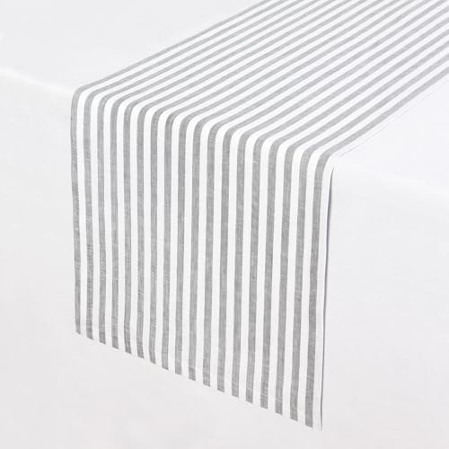 Solino Home 100% Pure Linen Table Runner, 14 x 60 in, Grey and White Stripe - Image 2
