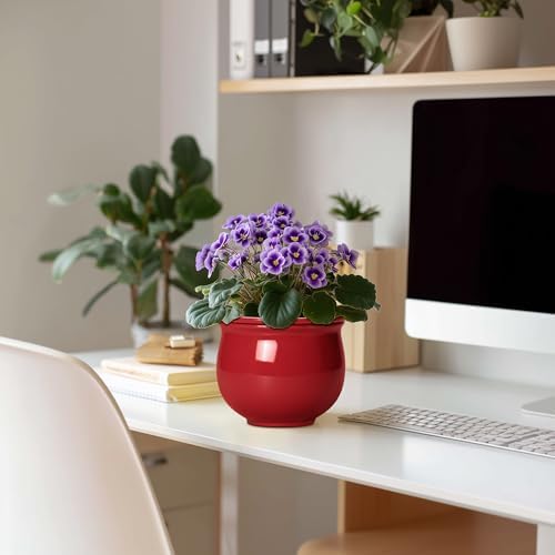 Ceramic Self Watering Planter, 6 Inch African Violet Pots with Absorbent Inner Pot, Round Self Watering Pots, Ceramic Flower Pot for Plants Indoor, Porch Decor, Plant Lover Gifts for Men, Red - Image 3