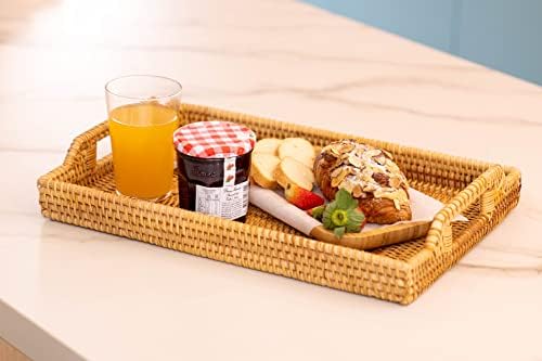 YANGQIHOME 14.6" Handwoven Rattan Serving Tray with Handles – Rectangular Wicker Tray for Coffee Table, Breakfast, Drinks, Fruit, Snacks, Ottoman & Kitchen Counter Decor,(Rectangular L) - Image 4