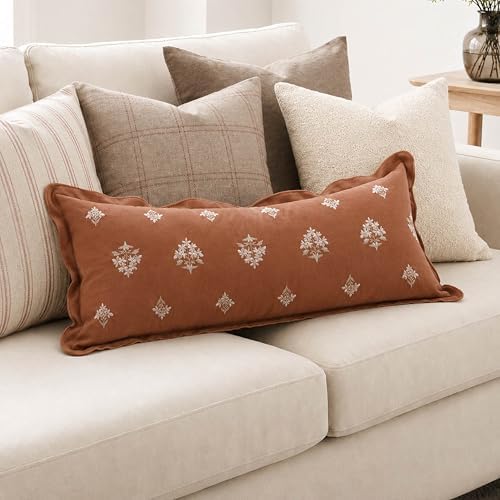 BlissBlush Long Lumbar Pillow Cover 14x36 for Bed, Terracotta Velvet Decorative Lumbar Pillow Cover, Floral Accent Cushion Cover with Embroidery and Scalloped Edge for Couch Sofa Bed, Cover ONLY - Image 5