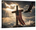 Ship Next Day - USA Flag and Cross Canvas Wall Decor, Framed Patriotic Eagle Painting, Christian Inspirational Artwork for Home, Office, Rustic Americana Wall Hanging, Made in USA by ZERILYN