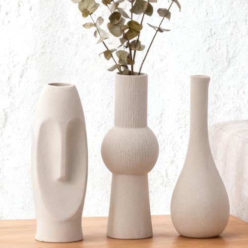 Ceramic Vase Set of 3 White Home Decor Modern Farmhouse Style Living Room Ornament Dining Table Room Pottery Small Vases for Dried Flowers by VASETOPIA