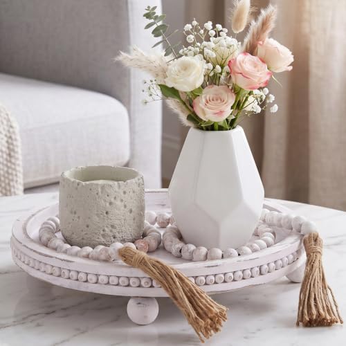 Mumufy 12" Round Decorative Tray with 58" Bead Garland, Rustic White - Image 4