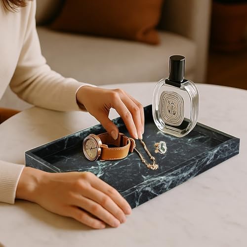Koville Natural Marble Tray, Coffee Table Vanity/Decorative Tray for Jewerly, Watch, Perfume Candle Storage for Bedroom/Bathroom/Kitchen Countertop - Image 4