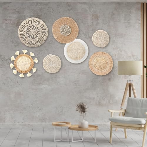 CroBlissful 7 Pcs Boho Wall Baskets Woven Seagrass Round, Vintage - Image 6