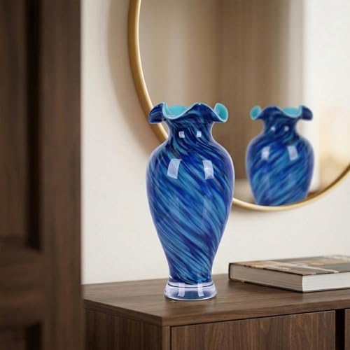 12in Tall Hand Blown Glass Vase Unique Ruffle Wide Mouth Vases, Elegant Modern Glass Flower Decorations Vase, Beautiful Colorful Vases for Home Living Room Bookshelves Wedding High End Centerpieces - Image 4