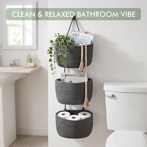Wall Hanging Rope Baskets 3-Tier Boho Organizers (Gray & Black, Large) - Image 6