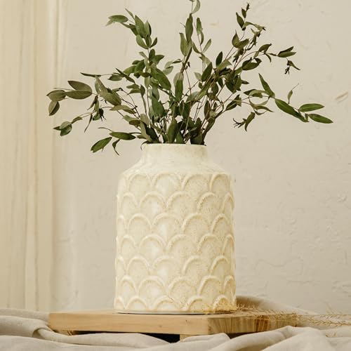 Ceramic Flower Vase, 7.28” Rustic Farmhouse Decorative Vase for Home Decor, Beige Textured Pottery Vase for Pampas Grass, Living Room, Entryway, Mantel, Kitchen Table, Centerpiece - Image 4