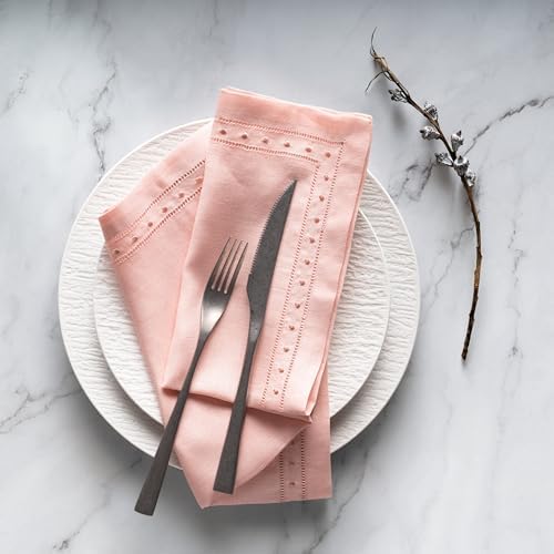 100% Linen Napkins Blush Pink with Embroidered Dot Set of 4, 18 x 18 Inch - Image 3