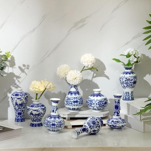 Dandat 8 Pcs Small Blue and White Ceramic Vase, Chinoiserie Floral,Fresh by Dandat