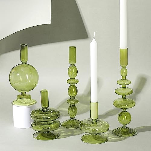 Rtteri 5 Pcs Glass Candlestick Holders Colorful Glass Taper Candle Stand Groovy Candlestick Wavy Boho Chic Clear Bases Holders Elegant Vase for Home Party Centerpiece(Green) - Image 4