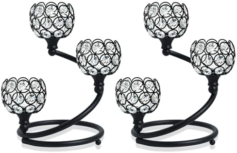Metal Crystal Candle Holder Set of 2 - Elegant 3-Arm Metal Tea Light Centerpiece with Shining Crystal Bowl, Wedding Anniversary Table Decor for Dining, Party (Black, 2 Pcs 3 Arm) by kehail