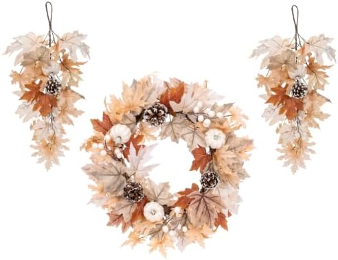 Fall Teardrop Swag Wreath, 3 Pack, 22" Artificial Pumpkin by Culudea