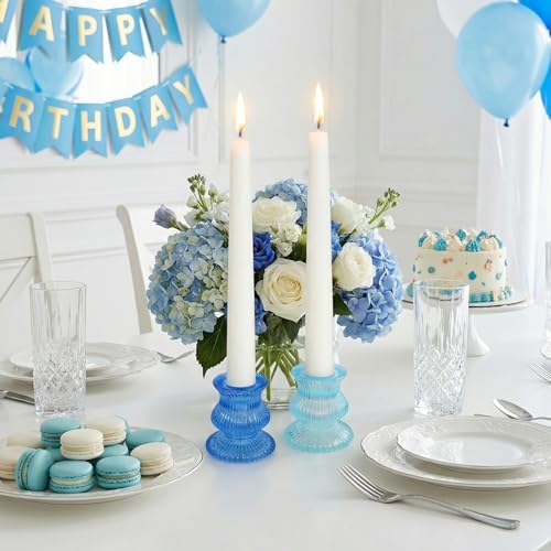 Blue Candlestick Holders 12 Pcs, Ribbed Taper Candle Holders for Table Centerpieces, Vintage Glass Candle Holders Bulk for Wedding, Birthday, Baby Shower Decoration - Image 4