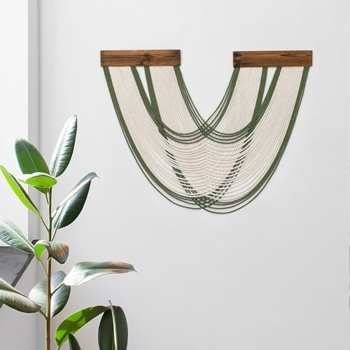 Boho Macrame Wall Hanging Tapestry, Green and White Wall Decor Handmade Macrame Wall Hanging Bohemian Yarn Tapestry Living Room Bedroom Modern Home Decor - Image 5