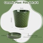EFISPSS Ceramic Plant Pots, 5 Inch Planters with Drainage Holes and Ceramic Tray, Relief Design Flower Planter, Desktop Office Windowsill Decoration Gift Set of 4 - Blackish Green - Image 2
