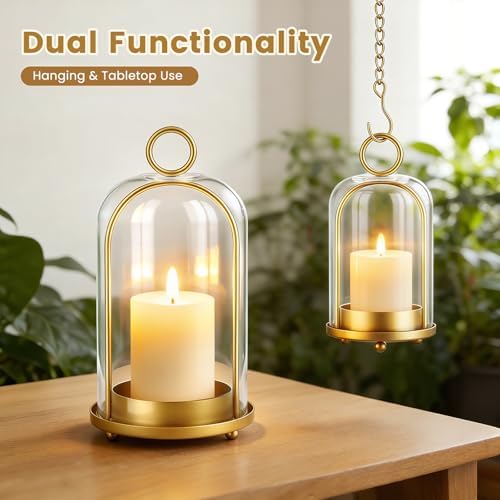 Metal Candle Holder, 5"&4" Wide Hurricane Glass Candle Holders with Handmade Glass Dome, Hanging Brass Candle Lantern for Pillar Candles, Table Coffee Decor, Interior Decoration (Not Included Candles) - Image 5