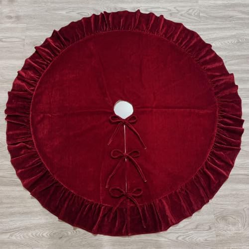 Christmas Tree Skirt,Velvet Tree Skirt with Ruffled Edge, Classic Large Velvet Fur Plush Tree Skirt for Merry Christmas(WineRed,60Inch) - Image 2