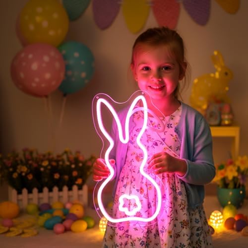 Easter Bunny Neon Sign, Pink Rabbit LED Neon Light for Easter Decor, Cute Bunny Wall Sign for Kids Room, Easter Party, Spring Home Decoration, Window & Nursery Decor 14 * 8.2in - Image 2