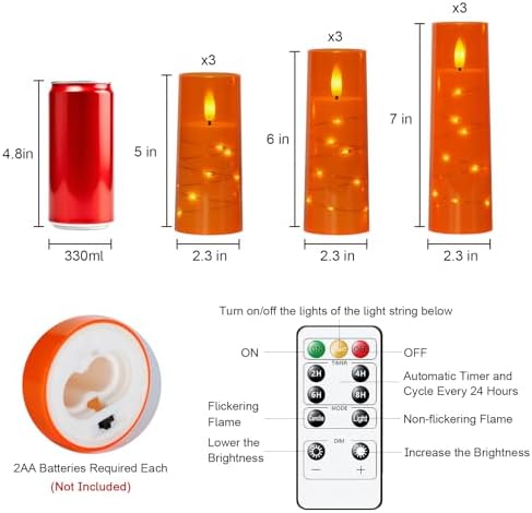 Raycare 9 Pcs Orange Halloween Flameless Pillar Candles with Remote Timer - Image 7