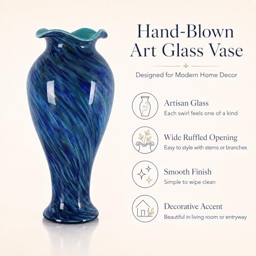 20in Tall Hand Blown Glass Vase Unique Ruffle Wide Mouth Vases, Elegant Modern Glass Flower Decorations Vase, Beautiful Colorful Vases for Home Living Room Bookshelves Wedding High End Centerpieces - Image 3