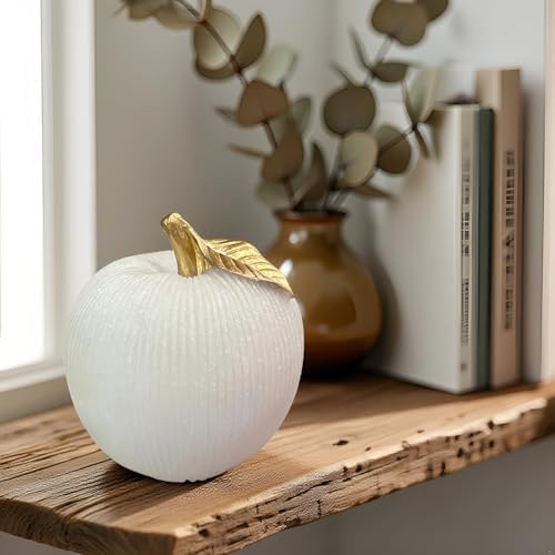 Sandstone White Apple Figurine with Gold Leaf, Textured Resin Fruit Sculpture, Modern Neutral Home Decor Statue Accent for Kitchen Counter, Coffee Table, Shelf & Dining Table Centerpiece - Image 4