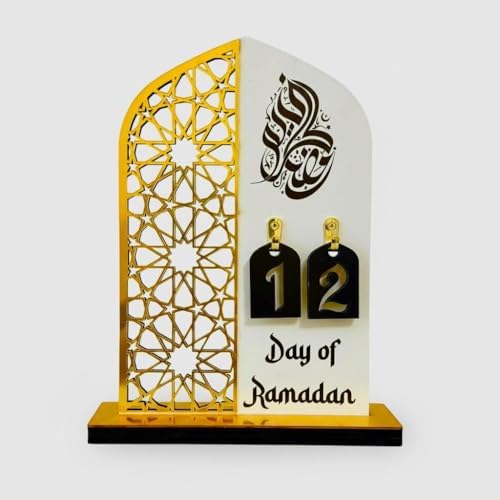 2 Pieces Wood Ramadan Decorations Islamic Eid Mubarak Kareem Table Sign Moon Hollow Star Ornament for Muslim Party Tabletop Decor Home Art Craft Decoration Golden Moon (Gold, Medium - 8"W x 12"H) by LUXURYCONCEPT