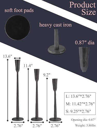 Black Iron Taper Candle Holder Set of 3, Heavy Wrought Iron Candlestick Holders Decorative Candle Stand, Vintage Candle Holder for Wedding, Dining, Home Decoration - Image 2