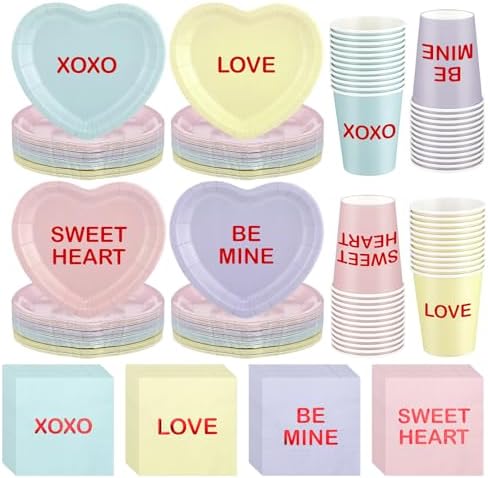 Maxcheck 196 Pcs Conversation Heart Party Supplies Valentine's Day Party Tableware Decorations Heart Disposable Paper Plates Napkins Cups for Valentine Anniversary Birthday Wedding, Serves 48(Pastel) by Maxcheck