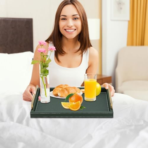 XIGEXIGE Green Decorative Serving Tray,Rectangular Tray for Coffee Table,Faux Leather Serving Tray with Handles for Ottoman,Shagreen Leather Tray for Bathroom - Image 5