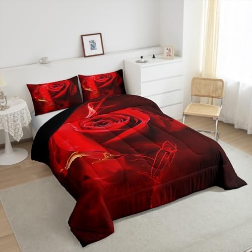 Erosebridal Red Rose Floral Bedding Set Full Size,Romantic Flowers Down Comforter for Girls Valentine's Day Gift,3D Digital Printed Duvet Set 3Pcs Soft Bedding Comforter Sets with 2 Pillow Shams - Image 5