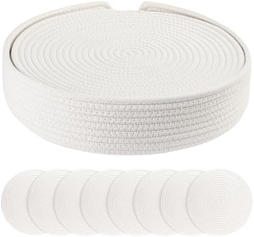 Round Woven Placemats Set of 8 with Holder Heat Resistant Placemats 13.5 Inches Farmhouse Cotton Rope Place Mats for Dining Tables Trivets for Hot Dishes, White by Aertiavty