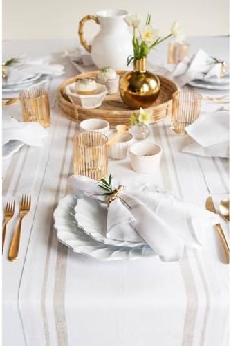 Solino Home 100% Linen Table Runner, 14 x 108 in, Natural and White Striped - Image 2