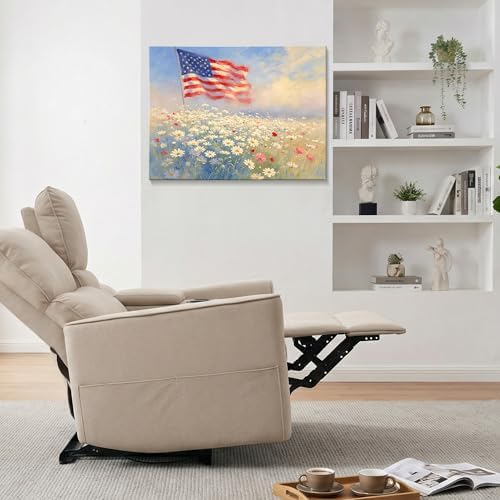 Patriotic Canvas Wall Art 4th of July American Flag in Daisy Field Oil Painting USA Flag Floral Picture Wall Decor Independence Day Home Decor for Living Room Bedroom 24x32in - Image 3