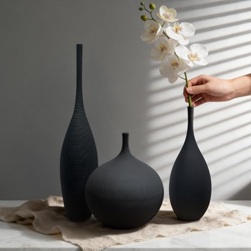 Black Ceramic Vases Set of 3, Modern Boho Vases for Centerpiece Decor, Matte Minimalist Decorative Vases for Home Decor, Living Room, Bookshelf, and Entryway Table Decor - Image 4