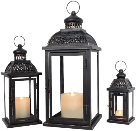 Lanterns Decorative Indoor&Outdoor, 19’’&14’’&10’’ Extra Large Metal Candle Lanterns, Vintage Candle Holders Farmhouse Shelf Wedding Front Porch Patio Decor, Christmas Halloween Decorations for Home by DECORKEY