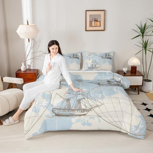 Nautical Comforter Set Full, World Map Bedding Set for Kids Boys Girls Teens, Retro Sailboat Ocean Duvet Insert, Vintage Anchor Compass Down Comforter, Yacht Sketch Quilted Comforter, White Blue - Image 5