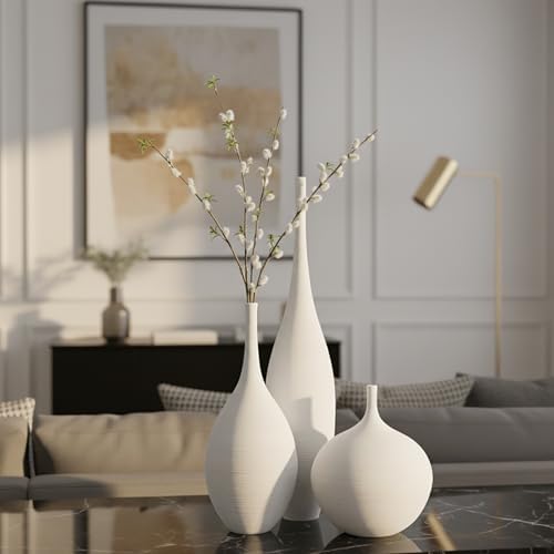 White Ceramic Vase Set of 3, Modern Boho Vases for Centerpiece Decor, Matte Minimalist Decorative White Vases Home Decor, for Living Room, Bookshelf, and Entryway Table Decor - Image 3